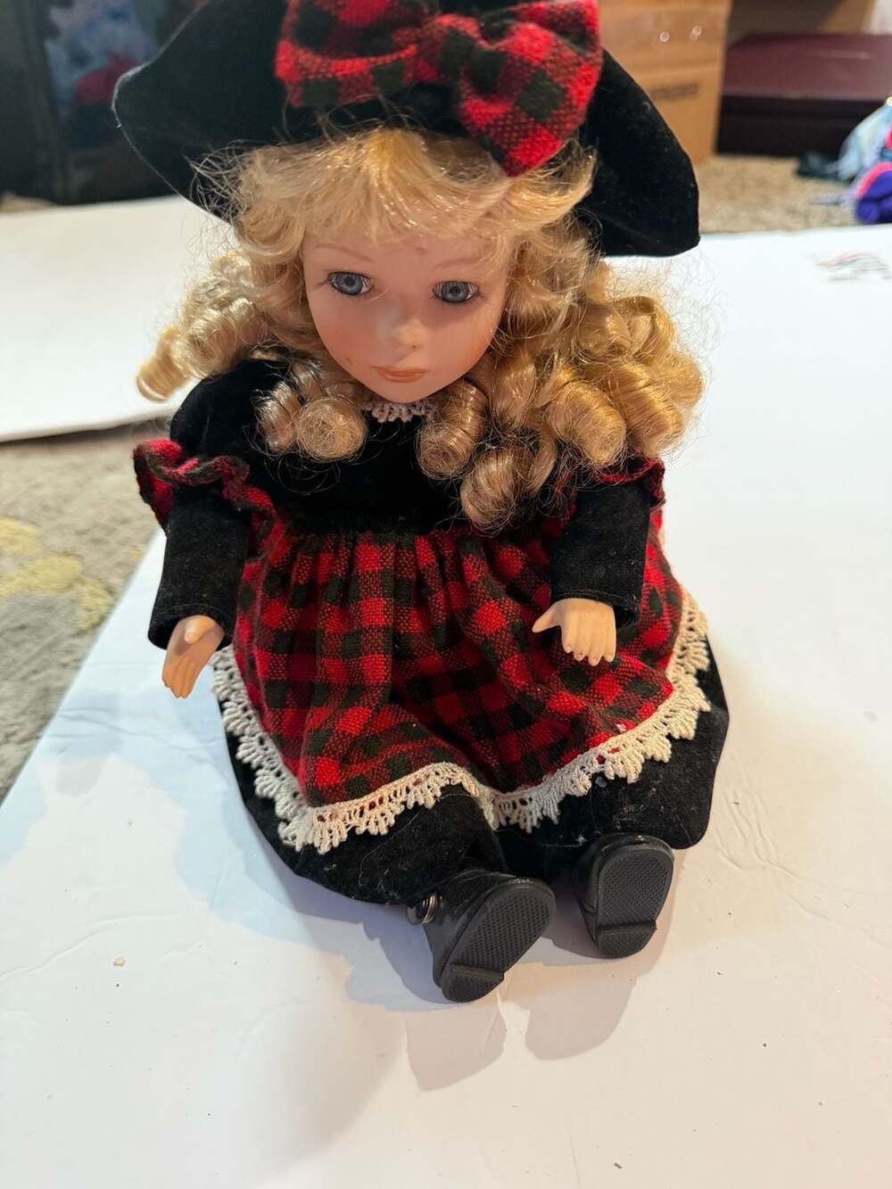 Vintage Collector's Choice Musical Porcelain Doll in Plaid Dress